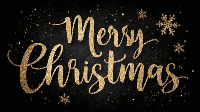 Merry christmas gold glitter text on black background holiday season greeting card design