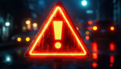 glowing triangular warning sign with exclamation mark on rainy city street at night, neon orange-red light with blurred car taillights and bokeh conveying urgent caution and danger