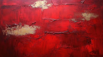 textured red abstract canvas with metallic gold patches, thick impasto ridges and bold brushstrokes conveying intense passion and dramatic warmth