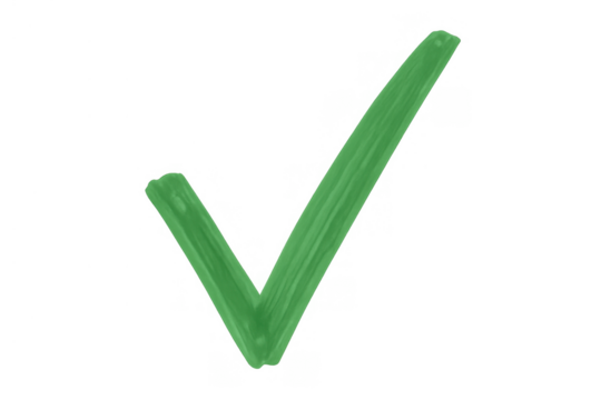 Green check mark drawing indicating approval, success, agreement, and completion on transparent background