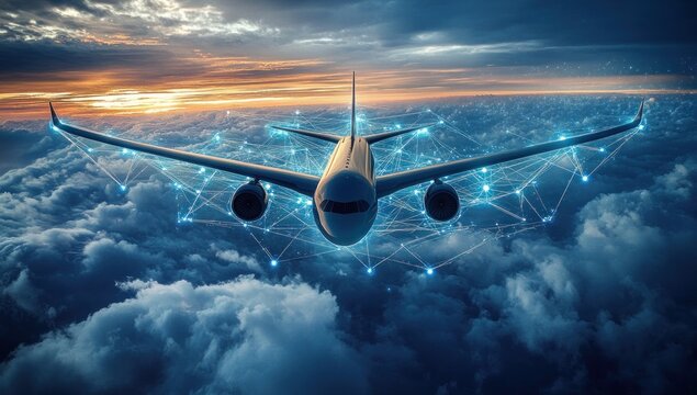 commercial jet flying above dramatic cloudscape at sunrise with glowing blue digital network overlay on wings and fuselage, futuristic and awe-inspiring - Powered by Adobe
