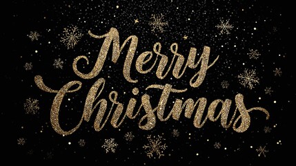 Merry christmas gold glitter text on black background holiday season festive greeting card