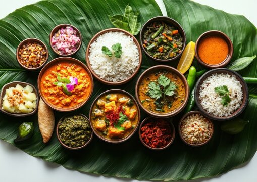 Vibrant festive spread of colorful curries, rice and chutneys in clay bowls on a large banana leaf with lemon wedge, green chilies, herbs and a crisp papad, inviting and appetizing