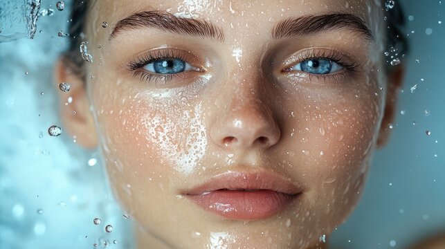 Close-up of splashing water around a partially visible ear with suspended droplets and turquoise background conveying refreshing energetic motion - Powered by Adobe