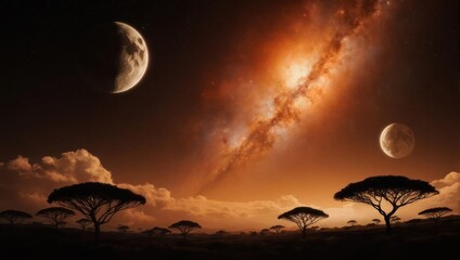 African Nightscape - Silhouetted Trees Under a Celestial Sky.