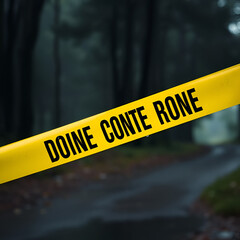 Close up or closeup footage of a yellow colored crime scene do not enter police tape ribbon pulled in front of a dark forest during day time when it is raining and raindrops are on the tape as well.
