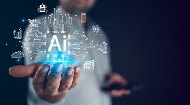 Artificial intelligence, AI technology. Clever robot operated by a man with technology (AI) is the ability to produce something by entering command prompt, transforming technology in futuristic way.