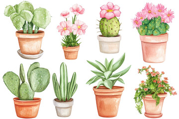 Fototapeta premium A collection of hand-painted potted plants featuring cacti and colorful flowers. their natural beauty against a clean white background. ideal for gardening enthusiasts and home decor