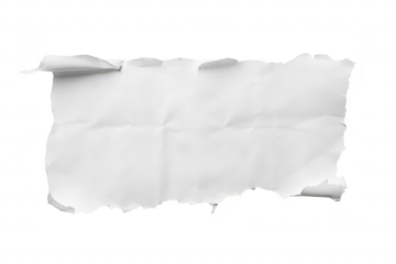 A torn piece of white paper with jagged edges. set against a transparent background. ideal for overlaying text or graphics in design projects