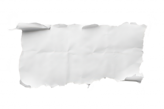A torn piece of white paper with jagged edges. set against a transparent background. ideal for overlaying text or graphics in design projects