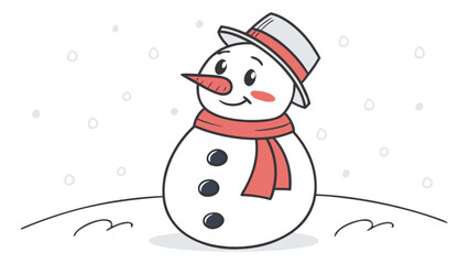 Illustration of a cheerful snowman with a hat and scarf standing in a snowy winter landscape scene