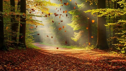 Autumn Forest Path with Falling Leaves Sunlight Filtering Through Trees