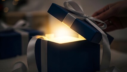 Close Up of Hand Opening Blue Gift Box with Silver Ribbon and Warm Light Glow