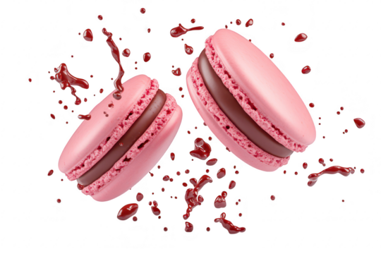 Two pink macarons filled with chocolate cream are suspended in mid-air. surrounded by splashes of red liquid. creating a and dynamic composition suitable for food advertising or culinary blogs