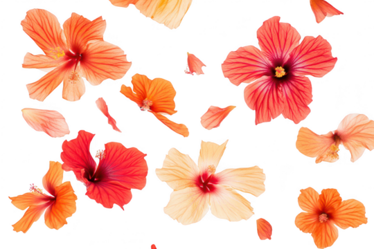 A arrangement of hibiscus flowers in shades of orange and red. gracefully scattered against a clean white background. ideal for floral design inspiration or nature-themed projects