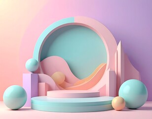 Abstract geometric pastel scene with a circular platform. Soft, smooth shapes create a dreamy and serene composition