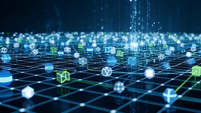 Digital Blockchain Network with Glowing Icons on Grid Technology Background