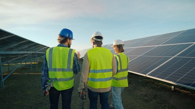Engineers discuss solar panel installation at a renewable energy site in the afternoon light