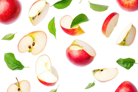 A arrangement of fresh red apples and their slices scattered artistically on a clean white background. with green leaves enhancing the natural feel. ideal for food photography