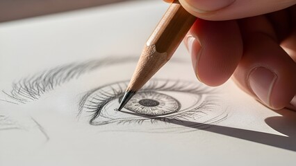 Artist Hand Drawing Eye Illustration with Pencil on White Paper for Creative Artwork