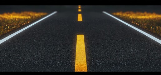 Low-angle empty asphalt road with glowing yellow centerline and white edge markings flanked by golden grass at dusk, leading to a distant vanishing point with a moody, anticipatory feel