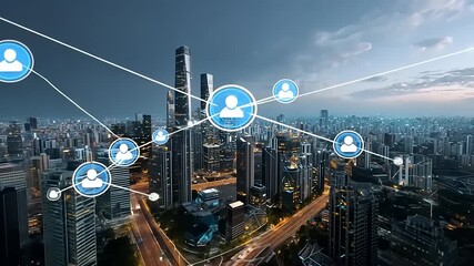 Aerial view of a bustling city skyline at dusk, showcasing digital connectivity among people - Powered by Adobe