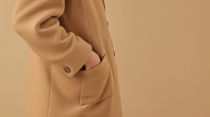 Elegant tan overcoat with hand in pocket offers a stylish, sophisticated look for fashion editorials, branding, and modern lifestyle campaigns