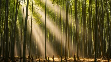 Sunlight Filtering Through Tall Green Bamboo Forest in Morning Light