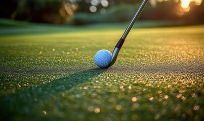 Close-up of golf ball and putter on dewy putting green at golden hour, shimmering grass and soft bokeh conveying calm focus and quiet anticipation