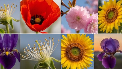 Colorful Flower Collection Featuring Sunflowers Irises Poppies and Cherry Blossoms in Bright Natural Light