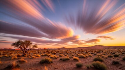 Desert Landscape with Dynamic Sky and Cloud Movement at Sunset
