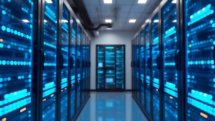 mainframe. A modern server room illuminated by blue lights, representing advanced technology and infrastructure. product launch decks.