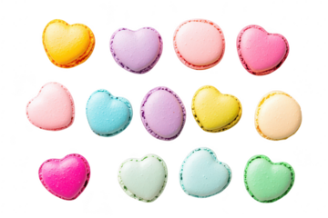 A colorful assortment of heart-shaped macarons in various pastel shades arranged neatly on a white background. perfect for celebrations. events. or dessert displays