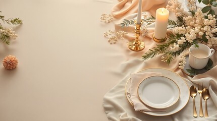 Elegant table setting for festive celebration, with soft lighting, golden accents and delicate floral arrangement creating a warm, inviting atmosphere
