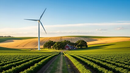 Wind Turbine in Lush Green Farmland Under Bright Blue Sky with Rolling Hills and Farm Buildings