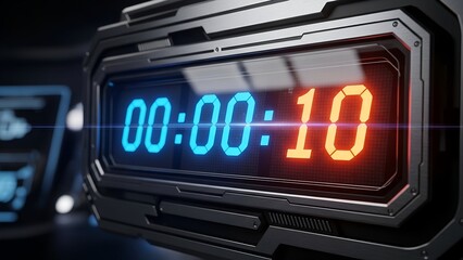 Futuristic Digital Countdown Timer Display Showing Ten Seconds Remaining in Dark Environment
