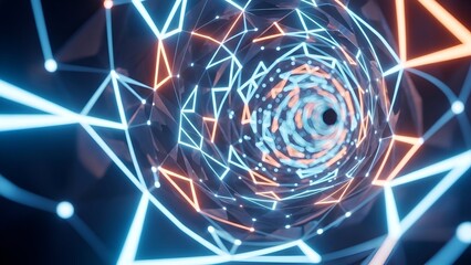 Abstract Digital Tunnel with Neon Blue and Orange Lines Creating Futuristic Geometric Pattern