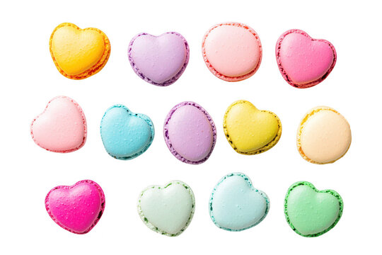 A colorful assortment of heart-shaped macarons in various pastel shades arranged neatly on a white background. perfect for celebrations. events. or dessert displays