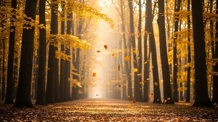 Autumn Forest Path with Falling Leaves and Golden Sunlight in Bright Natural Scene