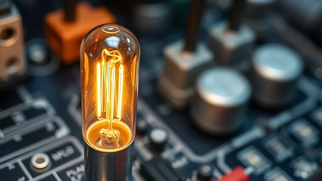 workaround. Industrial fuse tube glowing on a circuit board with electrical components. symbolizing technological progress and responsible innovation.