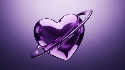 Purple Heart with Metallic Ring Surrounded by Space Ring on Bright Gradient Background