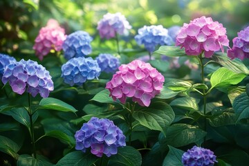 sunlit pink, blue, and purple hydrangea clusters amid lush green leaves, a peaceful and vibrant garden scene