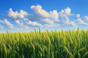 Sunlit green wheat field under a bright blue sky with fluffy white clouds, gently swaying in a peaceful and hopeful summer breeze