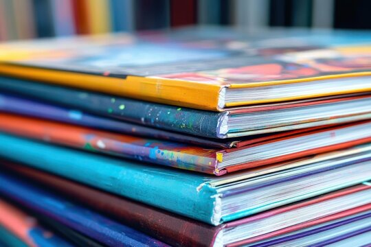 Close-up of a vibrant stack of colorful art books and magazines with paint-splattered spines and worn corners, evoking playful creative energy