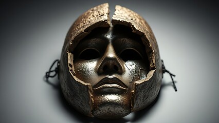 plasm. A broken ceramic mask reveals a metallic surface beneath, symbolic contrast in studio lighting. event programs, museum guides, designed for cultural heritage projects and event programs.