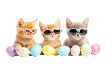 Three playful kittens wearing stylish sunglasses sit in a row. each with colorful Easter eggs in front. creating a cheerful and festive atmosphere perfect for springtime celebrations
