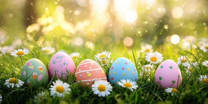 pastel painted easter eggs nestled in green grass among white daisies with warm golden sunlight, creating a cheerful and peaceful springtime scene