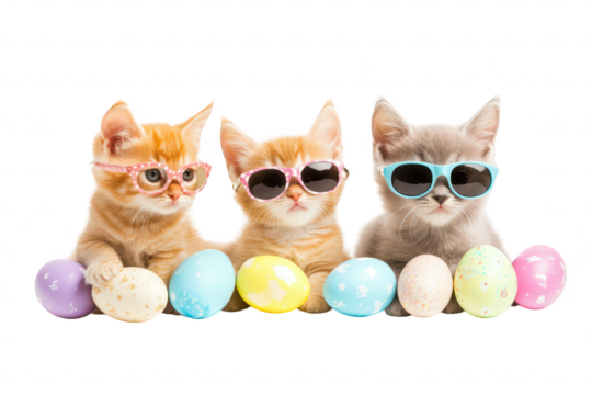 Three playful kittens wearing stylish sunglasses sit in a row. each with colorful Easter eggs in front. creating a cheerful and festive atmosphere perfect for springtime celebrations