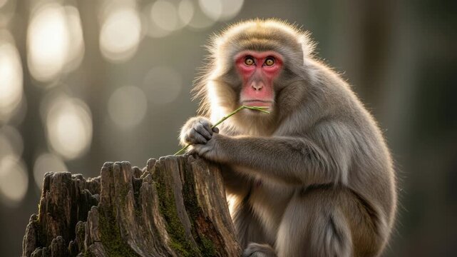 A beautiful japanese macaque with a red face eating a twig on a tree stump. Wild snow monkey portrait with warm rim lighting and copy space for a wide banner format