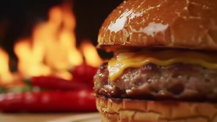 Juicy gourmet burger with melted cheese and chili peppers, with fire flames in the background, close-up, 4k stock footage